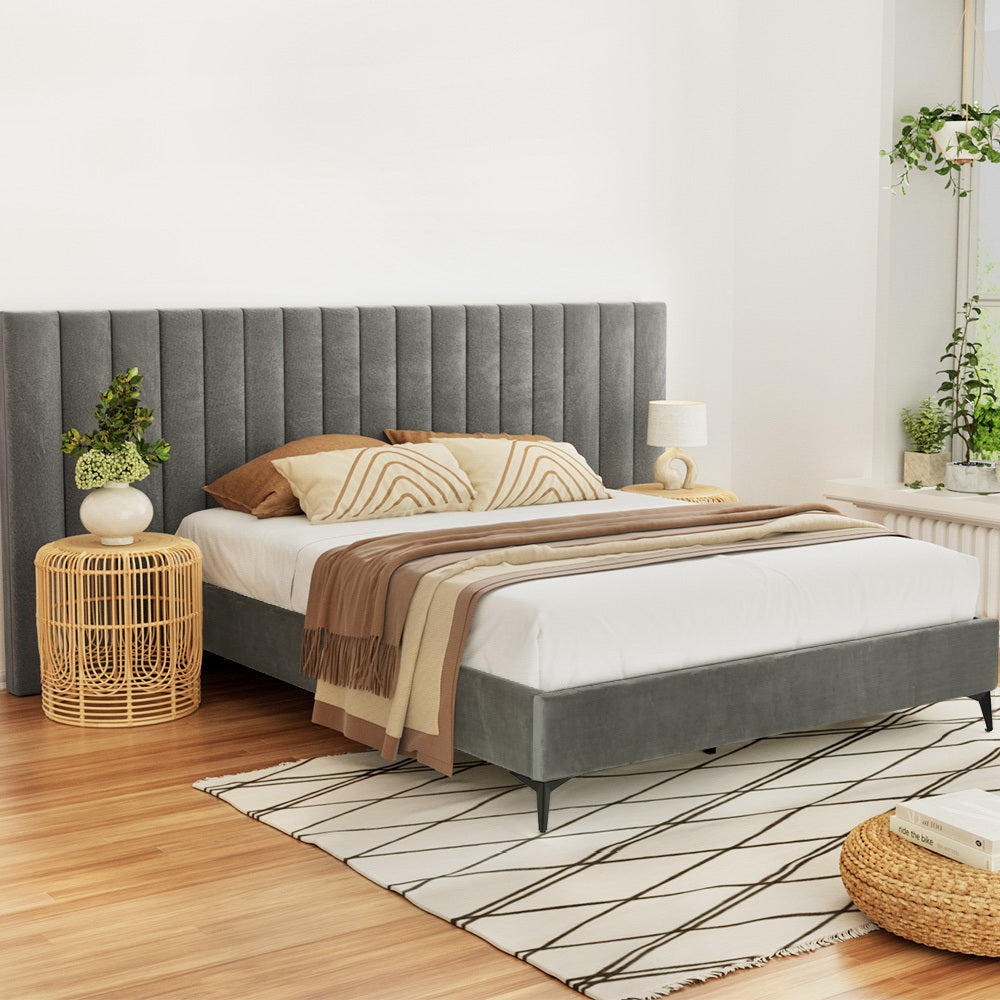 LOTT Bed Frame Queen Size Velvet Grey Fast shipping On sale