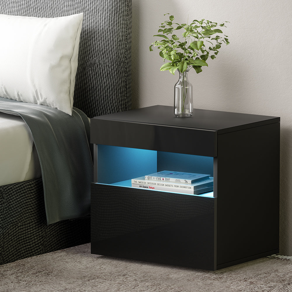 Artiss Bedside Tables Drawers Side Table RGB LED High Gloss Nightstand Black Fast shipping On sale