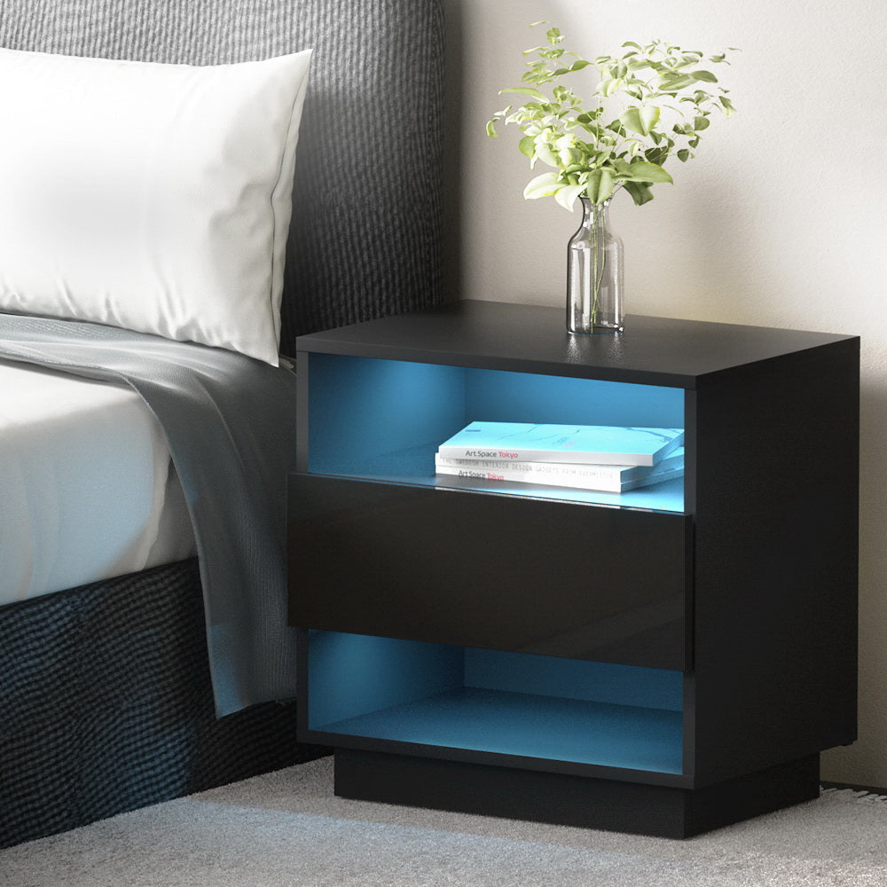 Artiss Bedside Tables Side Table RGB LED Drawers Nightstand High Gloss Black Fast shipping On sale