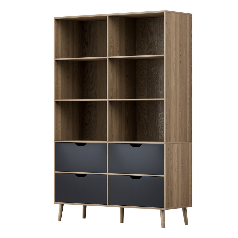 Artiss Bookshelf with 4 Drawers - MITZI Oak and Blue Bookcase Fast shipping On sale