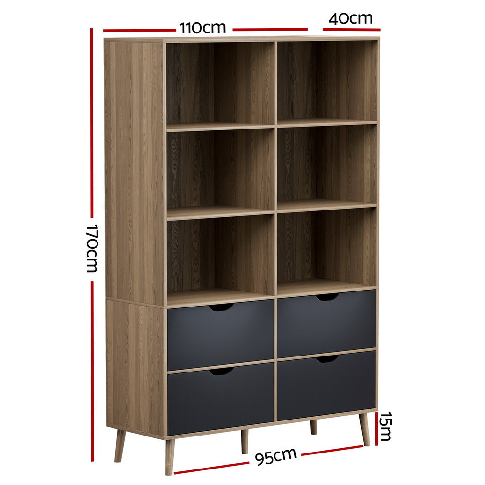 Artiss Bookshelf with 4 Drawers - MITZI Oak and Blue Bookcase Fast shipping On sale