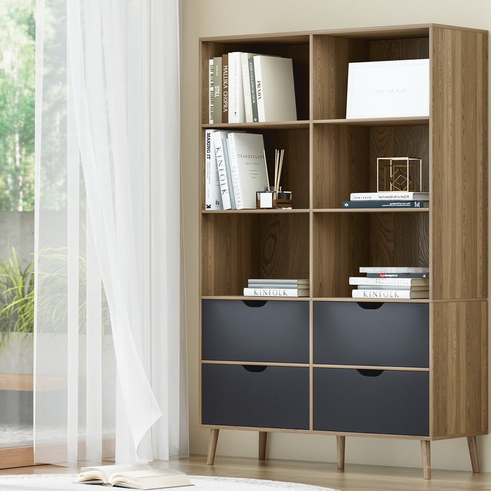 Artiss Bookshelf with 4 Drawers - MITZI Oak and Blue Bookcase Fast shipping On sale