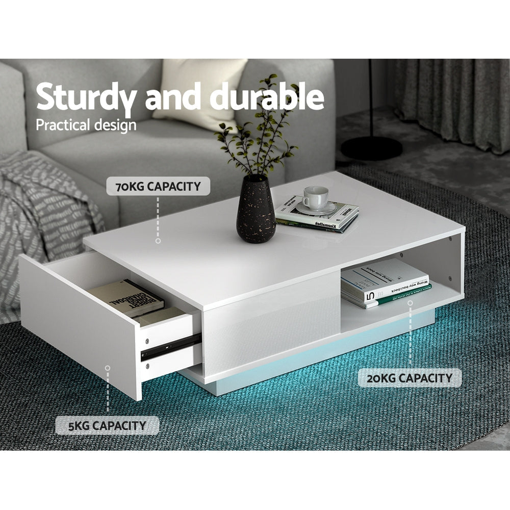 Artiss Coffee Table LED Lights High Gloss Storage Drawer Modern Furniture White Fast shipping On sale