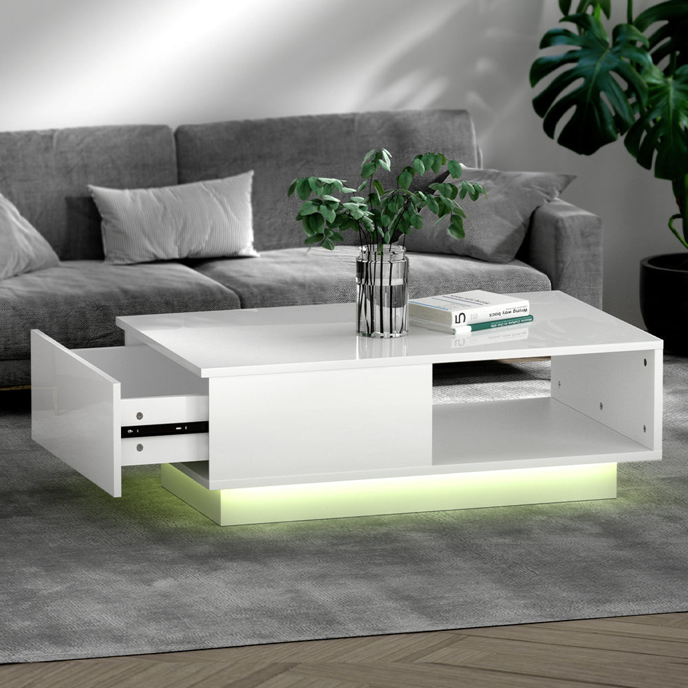 Artiss Coffee Table LED Lights High Gloss Storage Drawer Modern Furniture White Fast shipping On sale