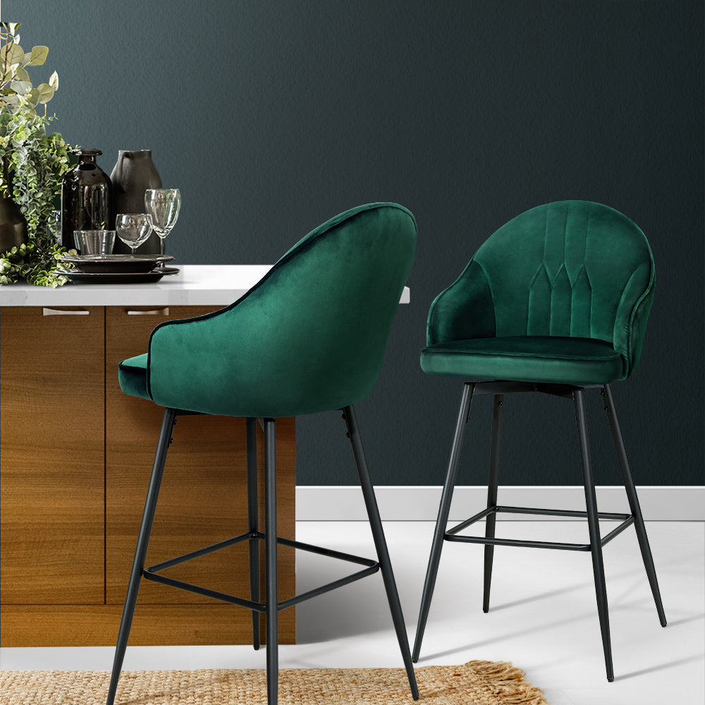 Artiss Set of 2 Bar Stools Kitchen Stool Dining Chairs Velvet Chair Barstool Green Mesial Fast shipping On sale