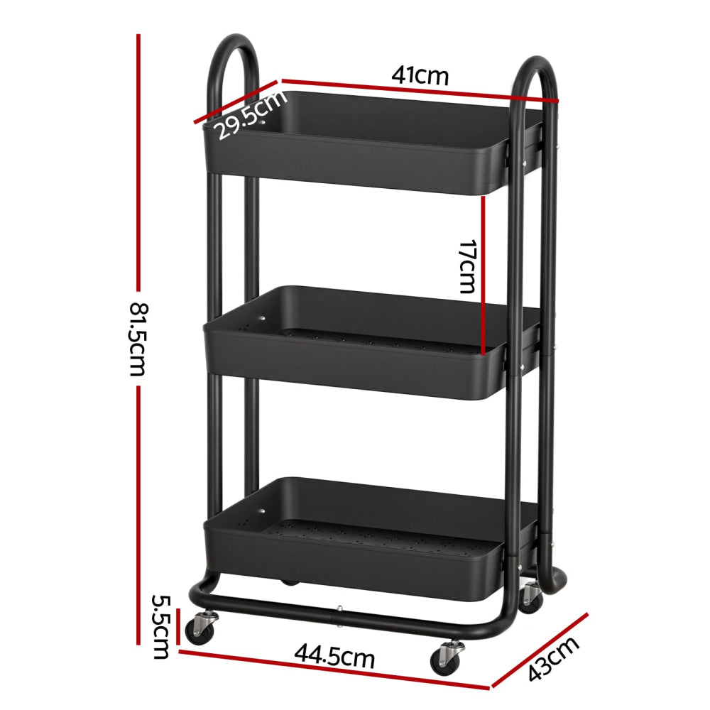Artiss Storage Trolley Kitchen Cart 3 Tiers Rack Shelf Organiser Wheels Black Fast shipping On sale