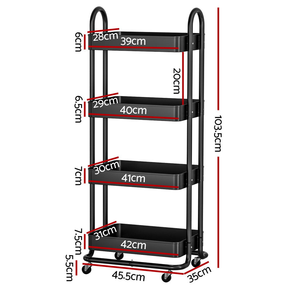 Artiss Storage Trolley Kitchen Cart 4 Tiers Black Fast shipping On sale