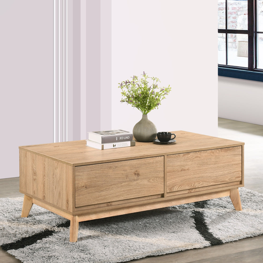 Scandinavian Coffee Table – 2 Drawers Oak Finish Rubberwood Legs 120cm Fast shipping On sale