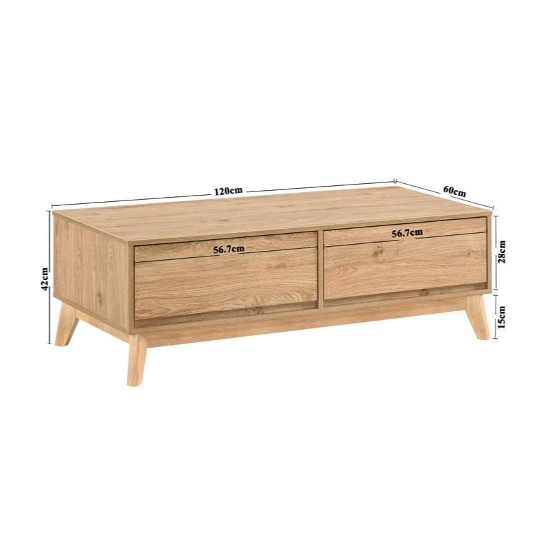 Scandinavian Coffee Table – 2 Drawers Oak Finish Rubberwood Legs 120cm Fast shipping On sale