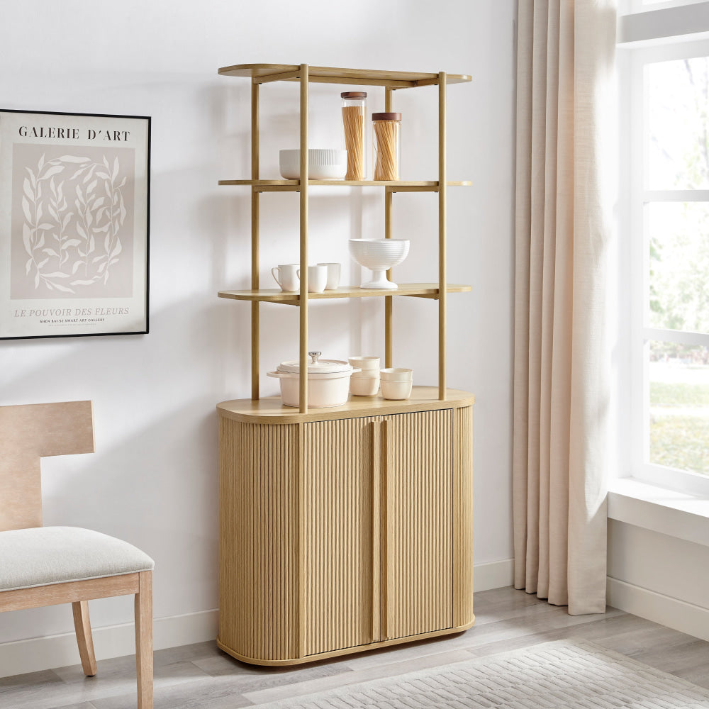 Azaria Fluted Display Shelf Cabinet Bookcase 2-Shelves 2-Doors Oak Fast shipping On sale