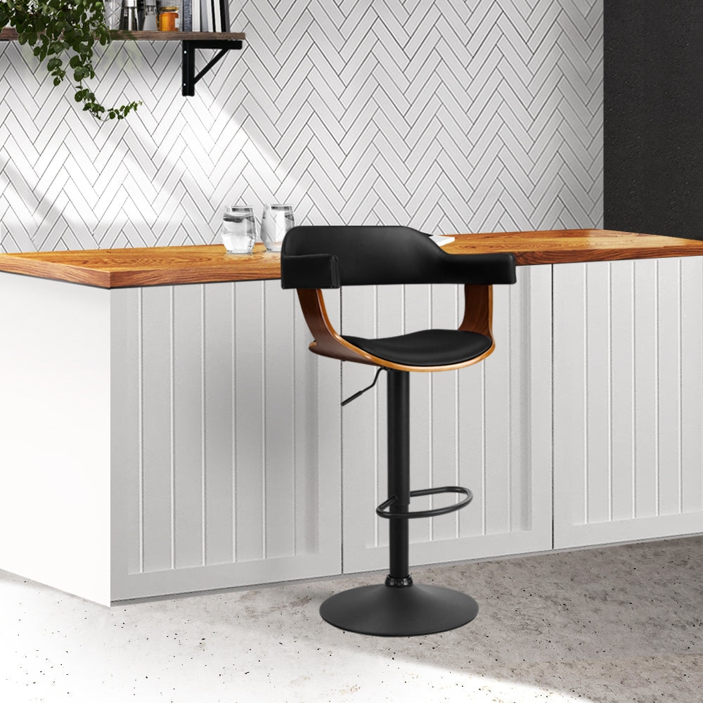 Bar Stool Curved Gas Lift PU Leather - Black and Wood Fast shipping On sale