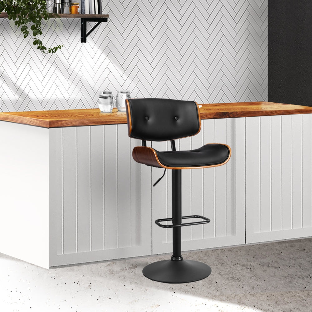 Bar Stool Gas Lift Wooden PU Leather - Black and Wood Fast shipping On sale