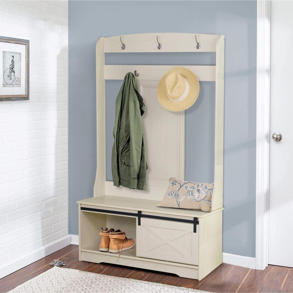Barndoor Large Modern Coat Rack Hall Tree Shoe Cabinet Antique White Fast shipping On sale