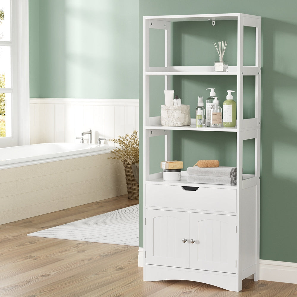 Bathroom Floor Storage Cabinet with 2 Drawers 3 Open Shelves Doors White Fast shipping On sale