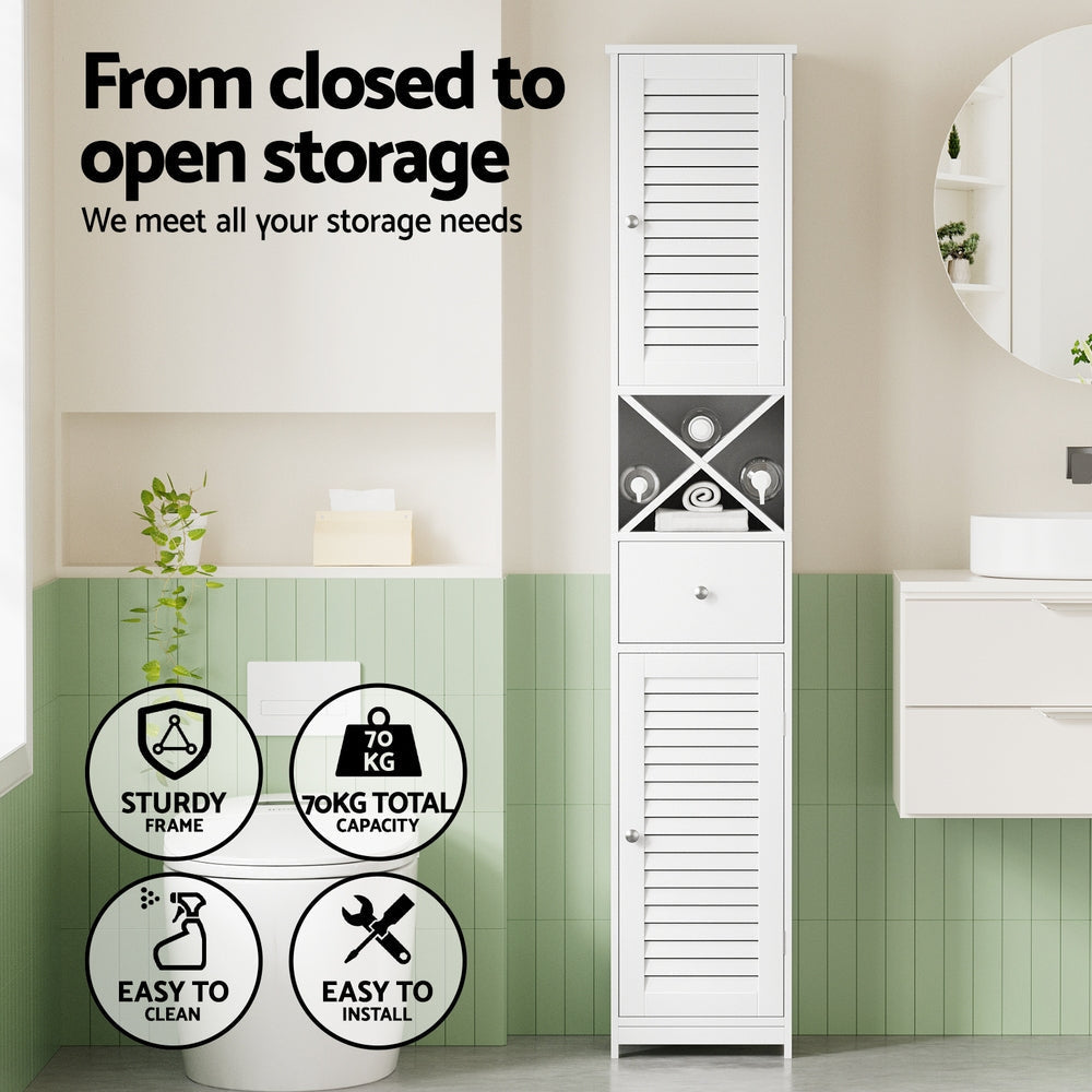 Bathroom Storage Cabinet 170cm Tall Slim Organiser Toilet Corner Adjustable Shelf Louver Door White Fast shipping On sale
