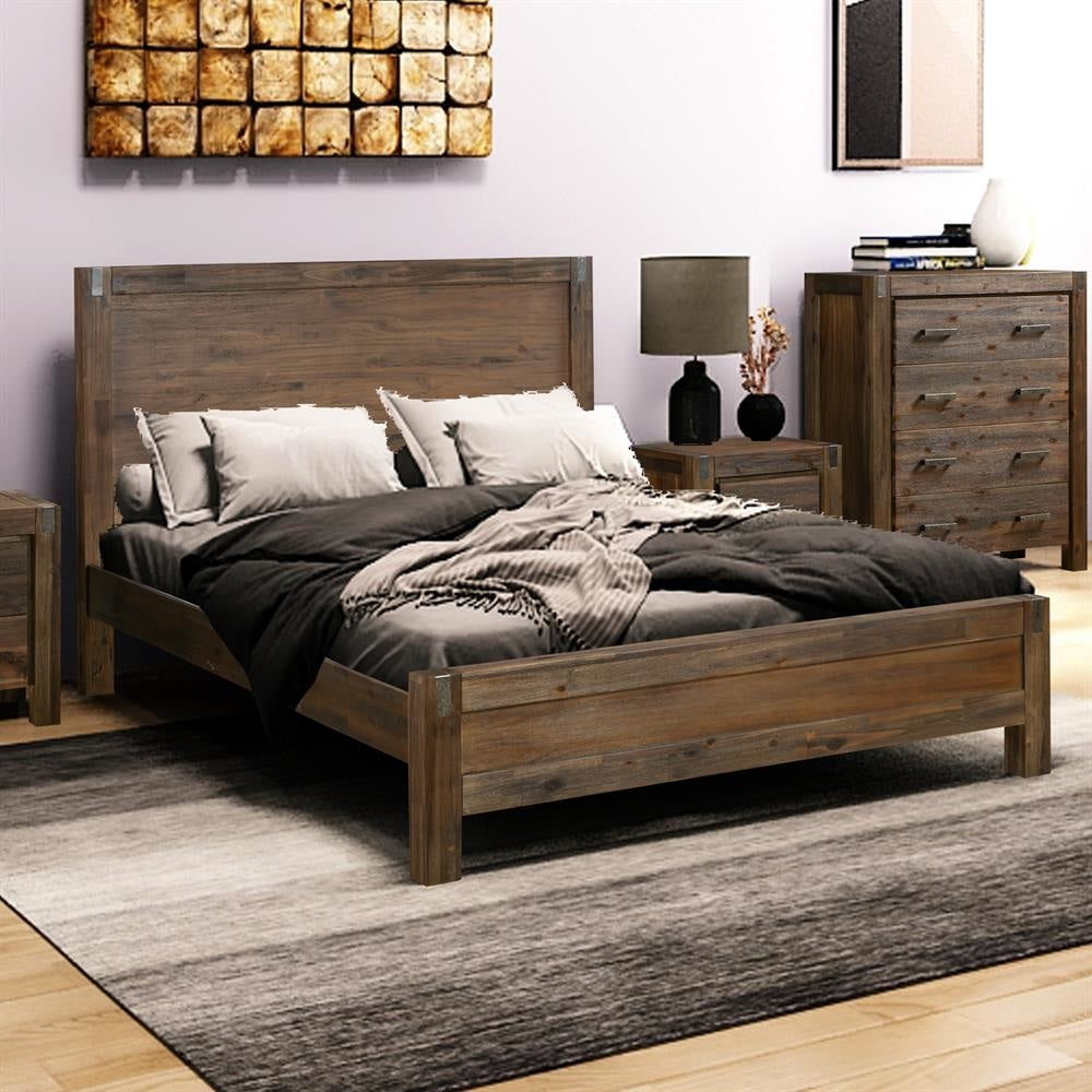 Bed Frame Double Size in Solid Wood Veneered Acacia Bedroom Timber Slat Chocolate Fast shipping On sale