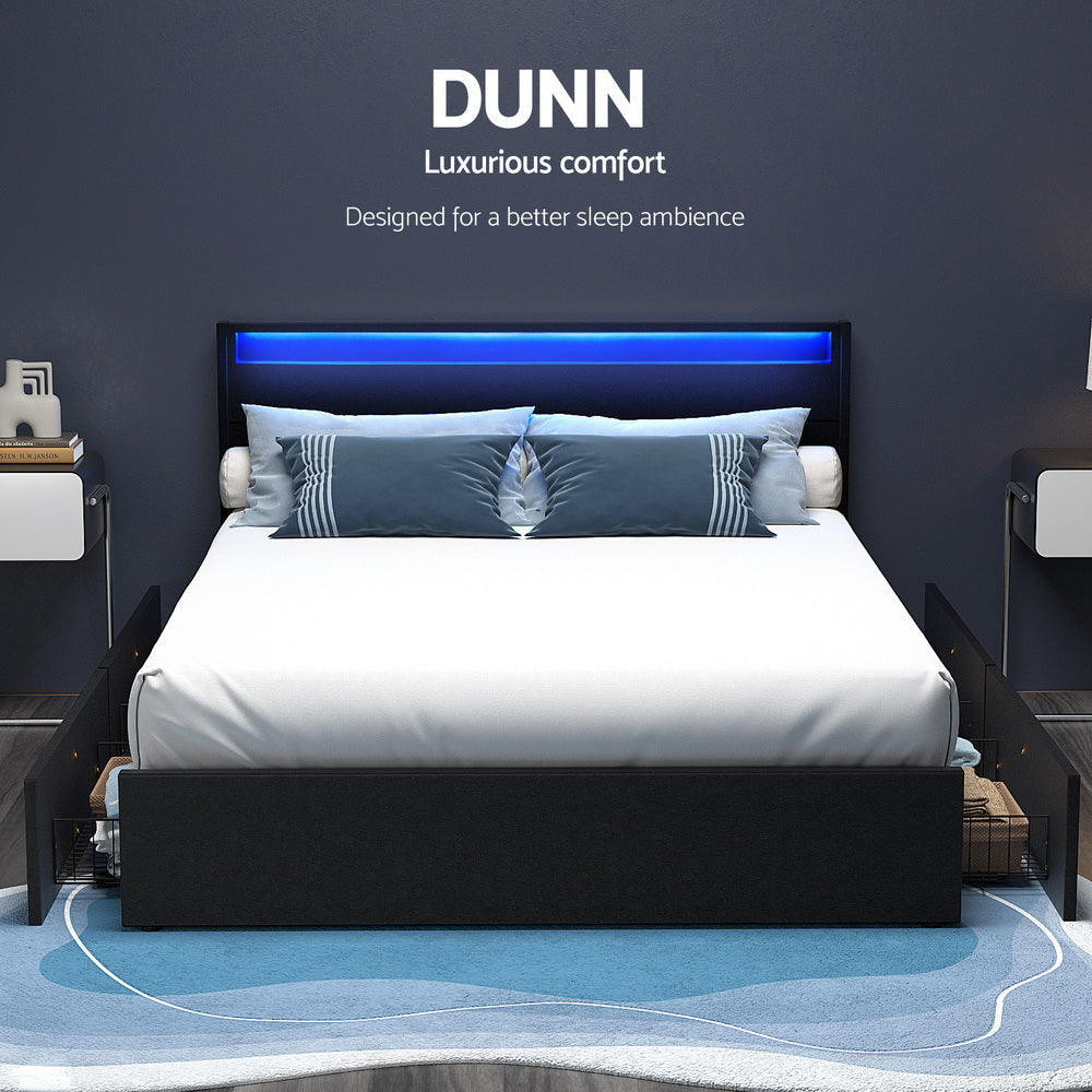 Bed Frame Double Size LED with 4 Drawers Black DUNN Fast shipping On sale