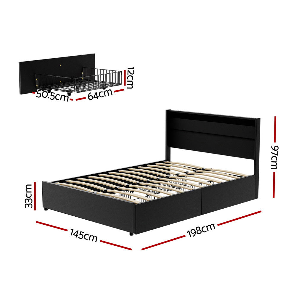 Bed Frame Double Size LED with 4 Drawers Black DUNN Fast shipping On sale