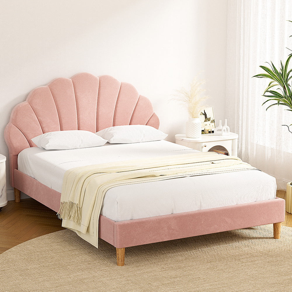 Bed Frame Double Size Scallop-Shape Bedhead Beds Base Pink Velvet Fabric Fast shipping On sale