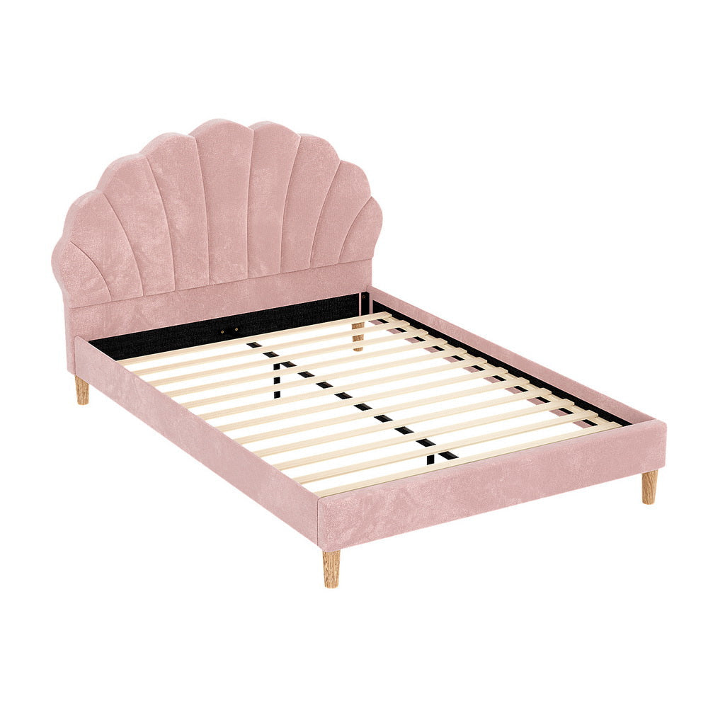 Bed Frame Double Size Scallop-Shape Bedhead Beds Base Pink Velvet Fabric Fast shipping On sale