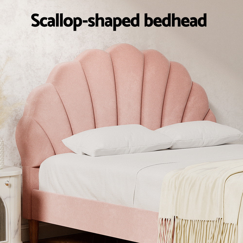 Bed Frame Double Size Scallop-Shape Bedhead Beds Base Pink Velvet Fabric Fast shipping On sale