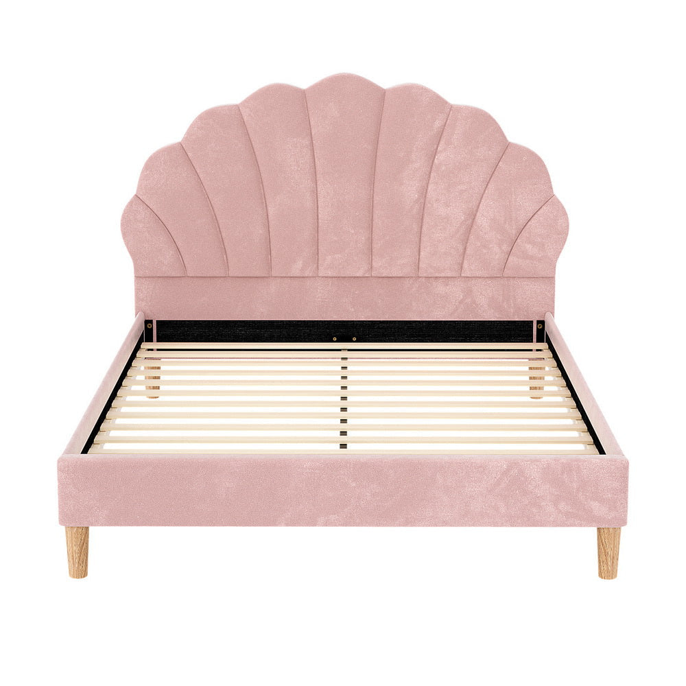 Bed Frame Double Size Scallop-Shape Bedhead Beds Base Pink Velvet Fabric Fast shipping On sale