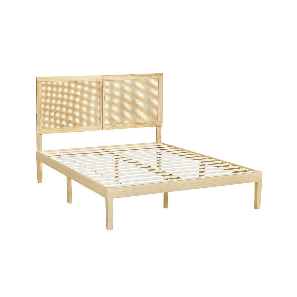 Bed Frame Double Size with Rattan Headboard Wooden Base BRUNO Fast shipping On sale