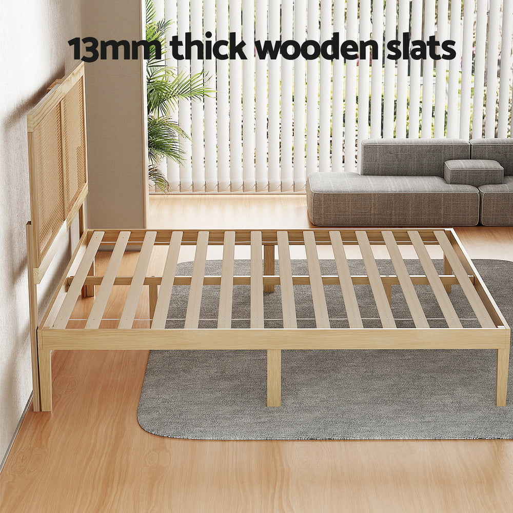 Bed Frame Double Size with Rattan Headboard Wooden Base BRUNO Fast shipping On sale