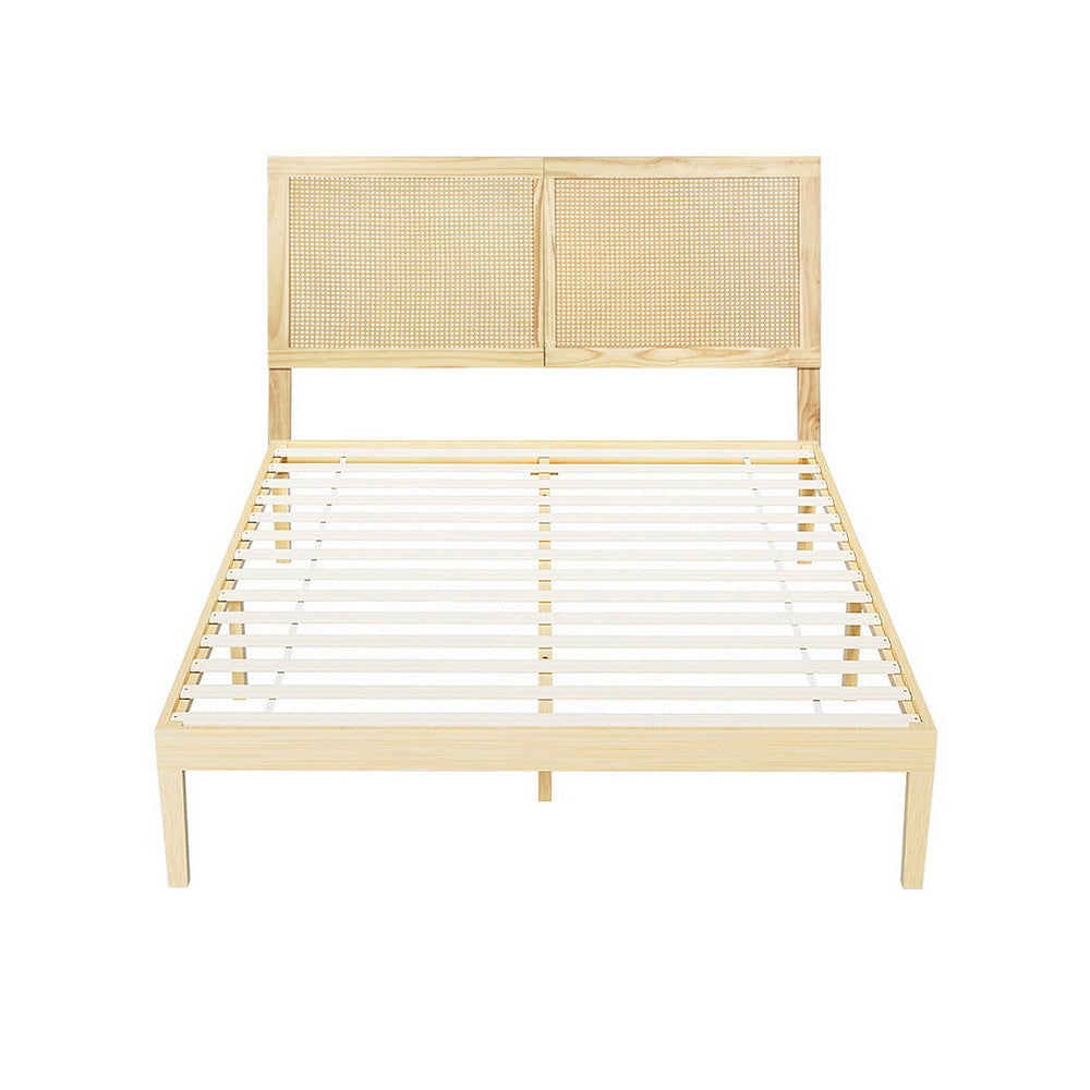 Bed Frame Double Size with Rattan Headboard Wooden Base BRUNO Fast shipping On sale