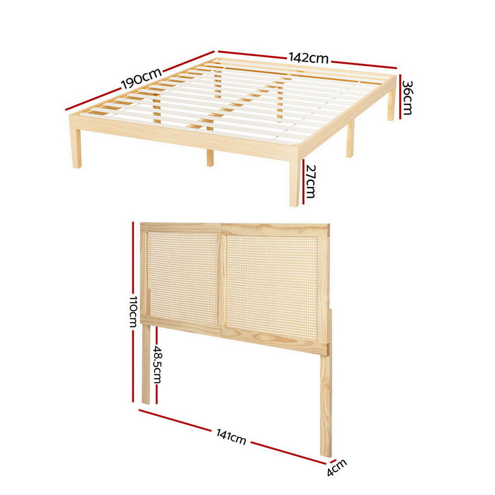 Bed Frame Double Size with Rattan Headboard Wooden Base BRUNO Fast shipping On sale