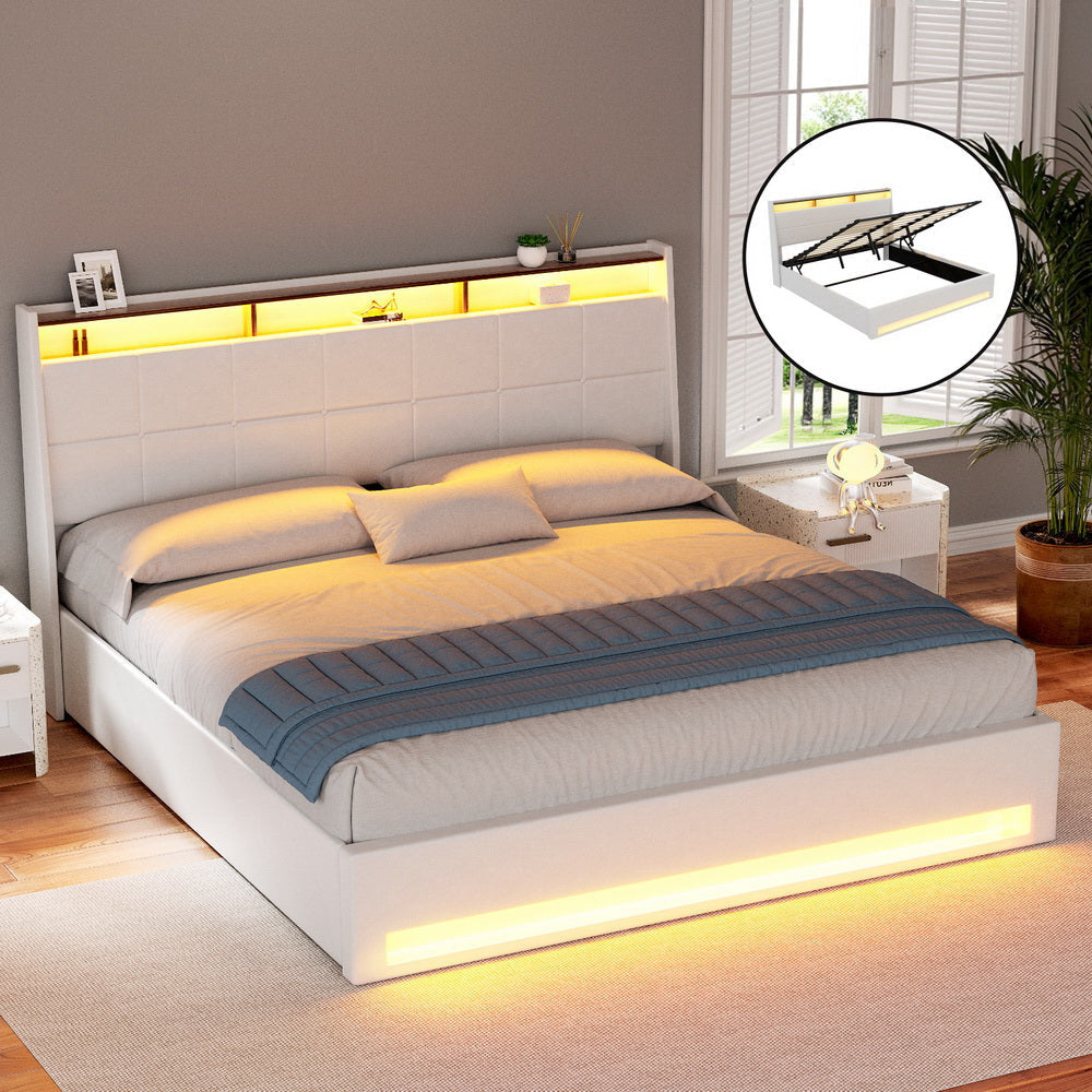 Bed Frame Gas Lift LED Beds Base Platform White PVC Leather Storage Headboard - King Fast shipping On sale