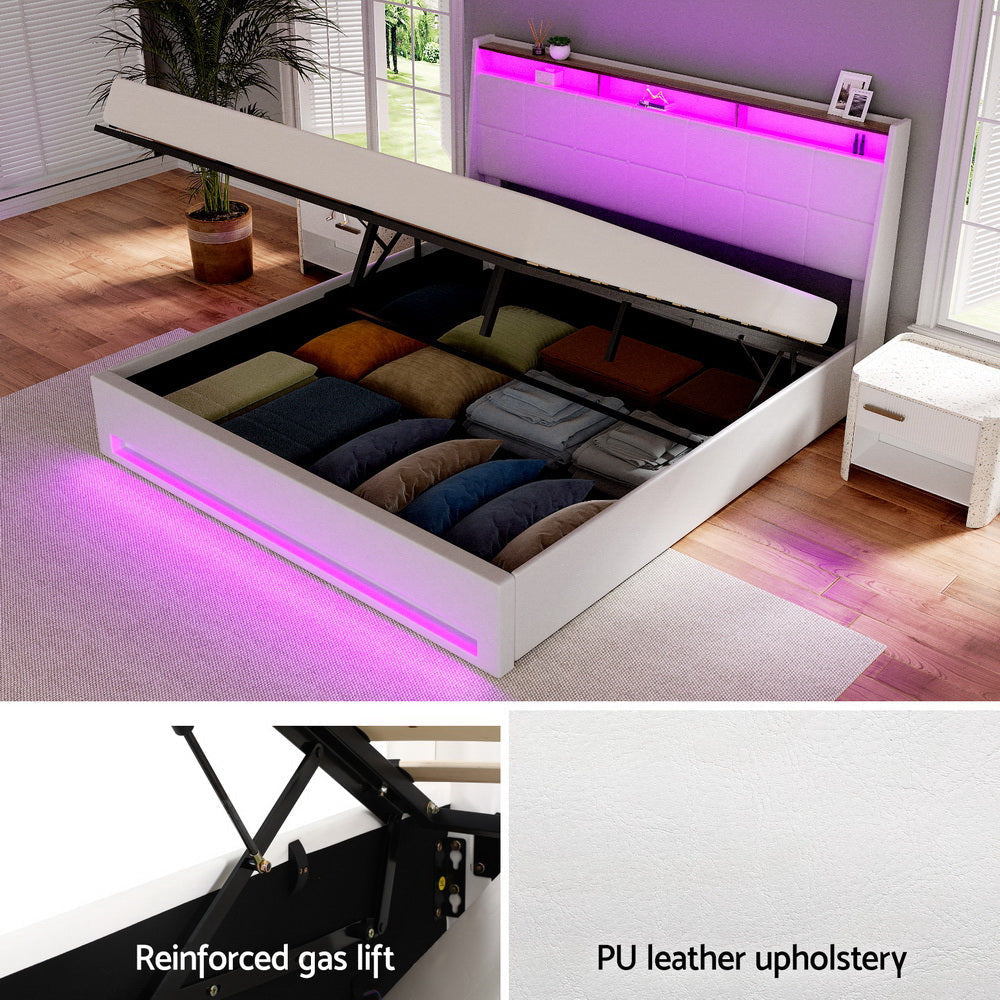 Bed Frame Gas Lift LED Beds Base Platform White PVC Leather Storage Headboard - King Fast shipping On sale