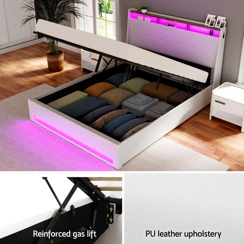 Bed Frame Gas Lift LED Beds Base Platform White PVC Leather Storage Headboard - Queen Fast shipping On sale