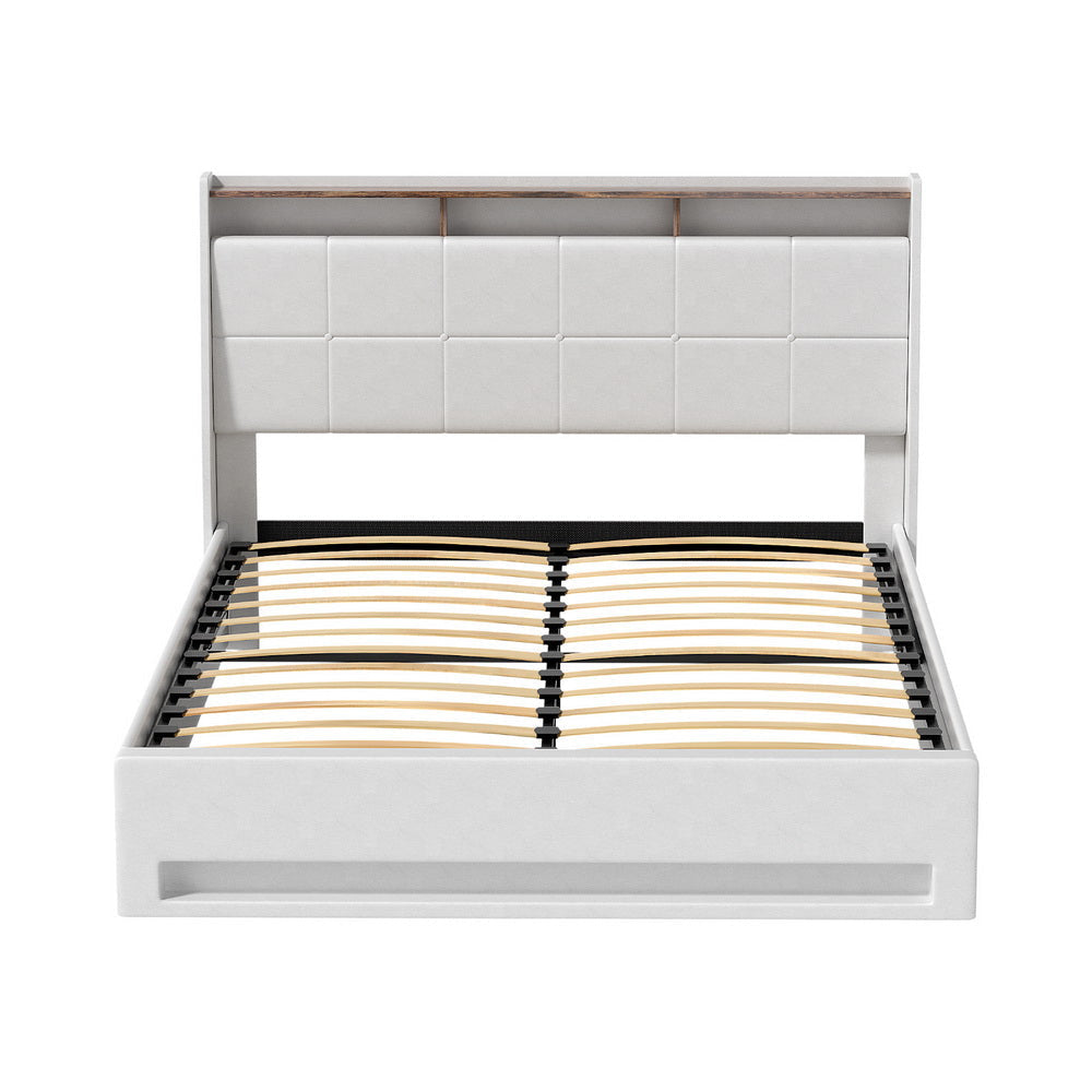 Bed Frame Gas Lift LED Beds Base Platform White PVC Leather Storage Headboard - Queen Fast shipping On sale