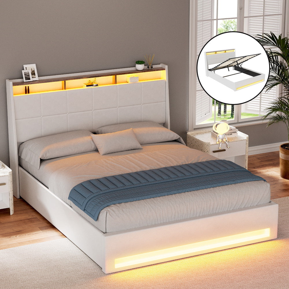 Bed Frame Gas Lift LED Beds Base Platform White PVC Leather Storage Headboard - Queen Fast shipping On sale