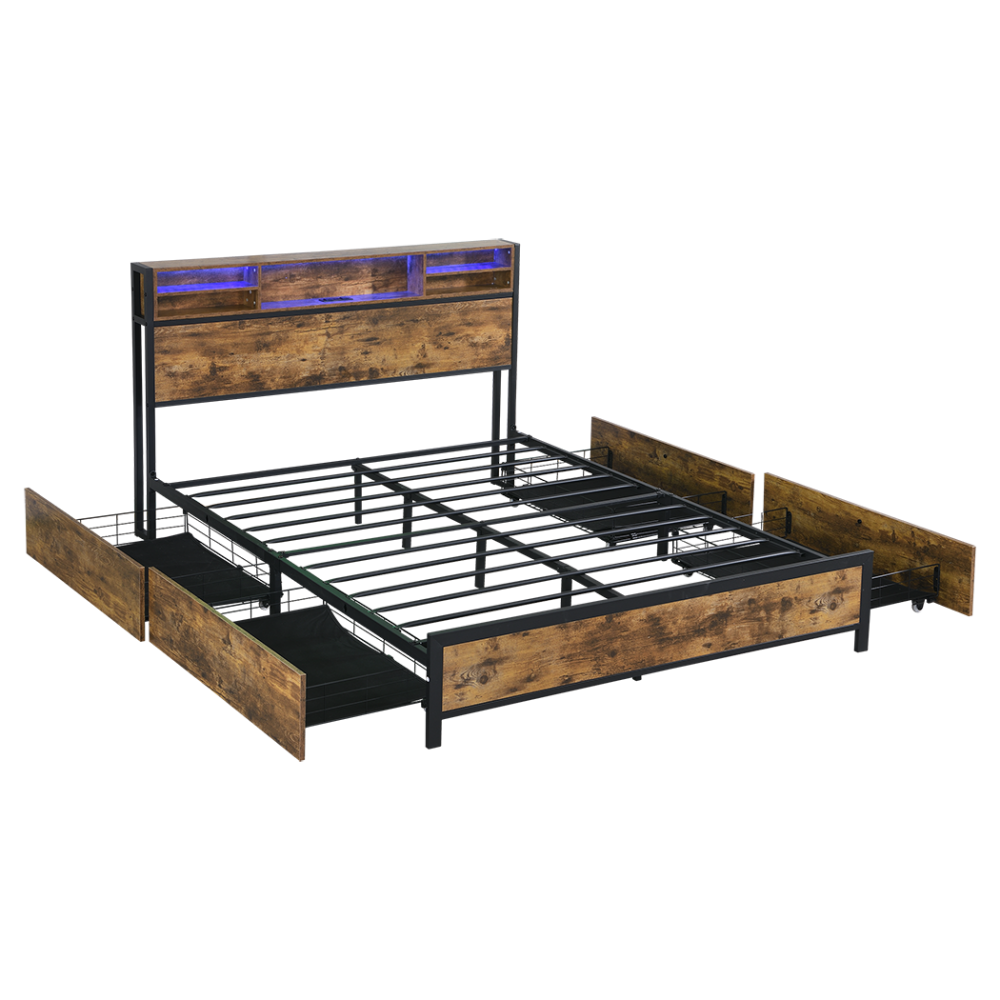Queen Bed Frame with RGB LED Light Charging Station Headboard Shelf & 4 Storage Drawers – Browne queen Fast shipping On sale