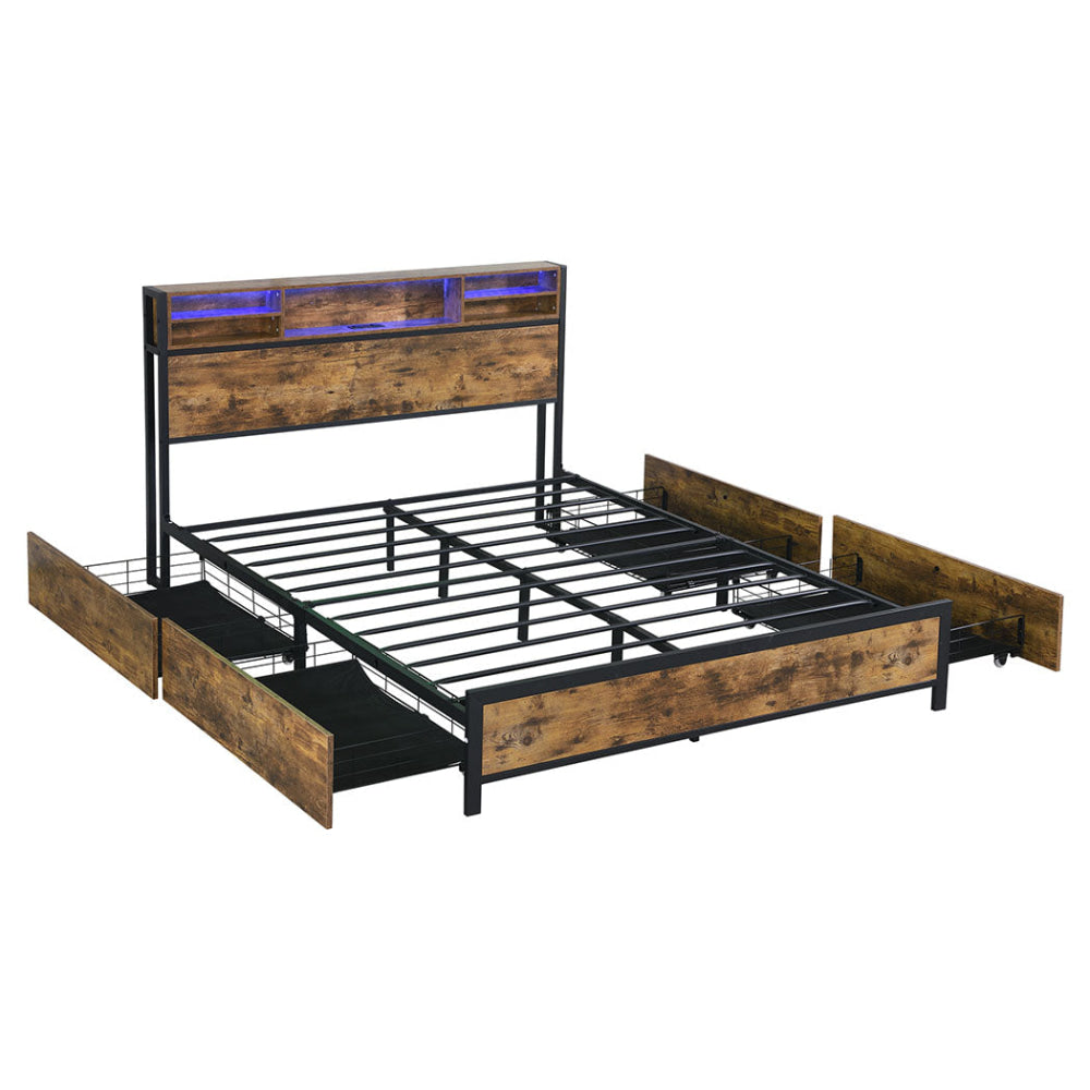 Queen Bed Frame with RGB LED Light Charging Station Headboard Shelf & 4 Storage Drawers – Browne queen Fast shipping On sale
