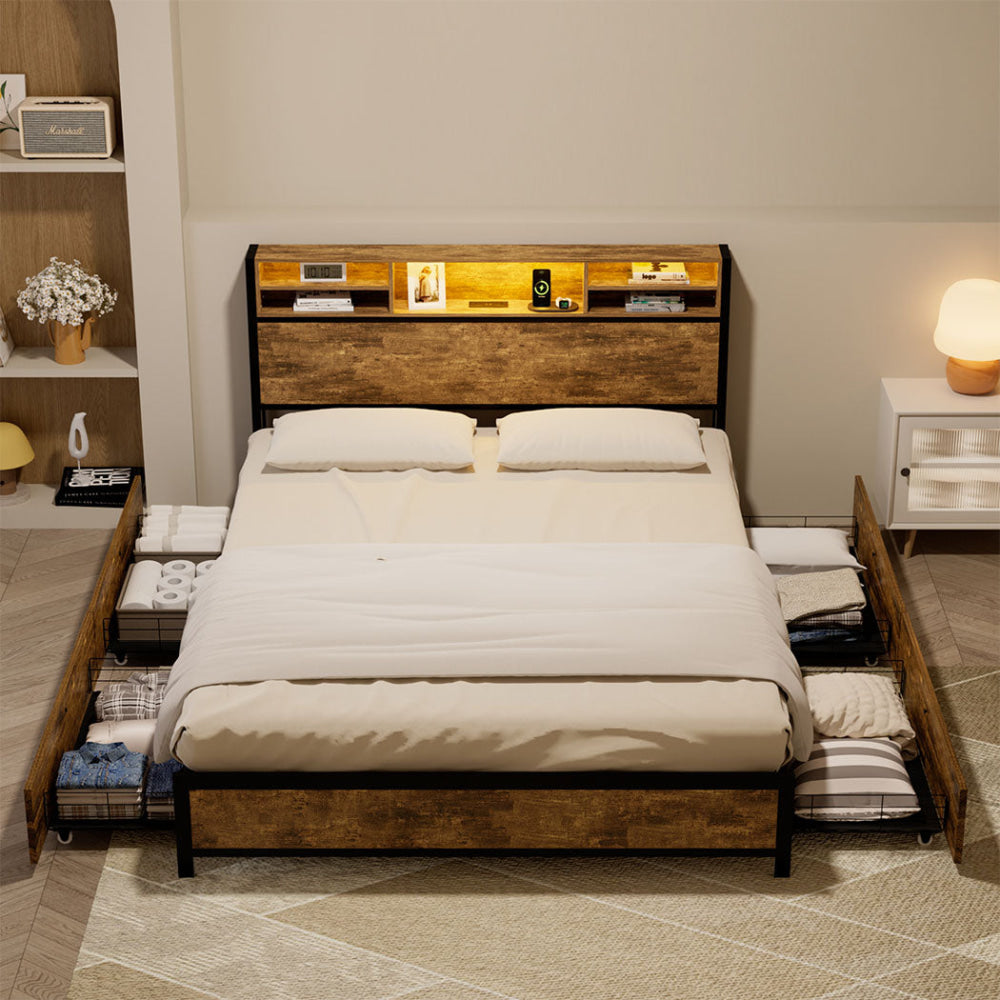 Queen Bed Frame with RGB LED Light Charging Station Headboard Shelf & 4 Storage Drawers – Browne queen Fast shipping On sale