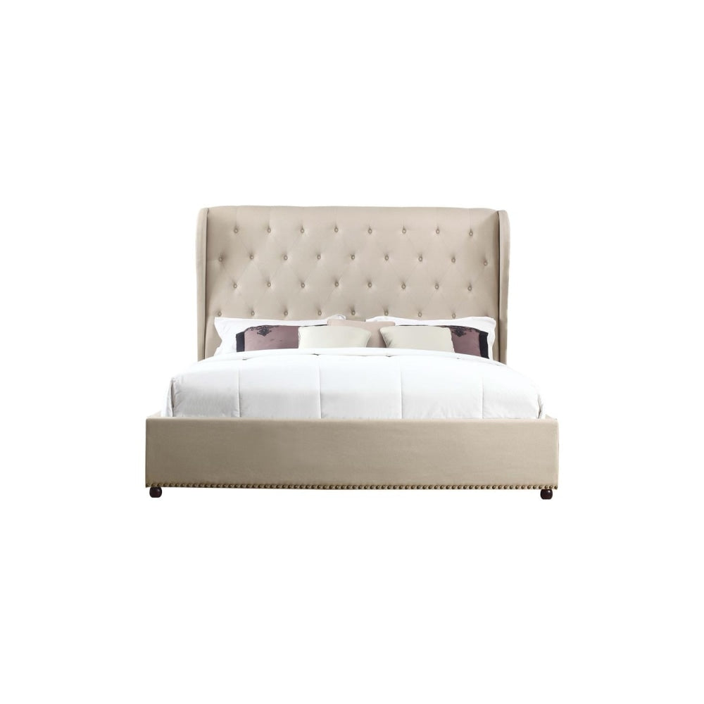 Bed Frame Queen Size in Beige Fabric Upholstered French Provincial High Bedhead Fast shipping On sale