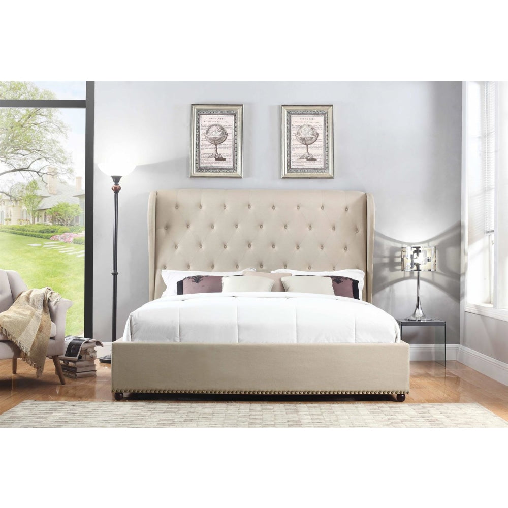 Bed Frame Queen Size in Beige Fabric Upholstered French Provincial High Bedhead Fast shipping On sale