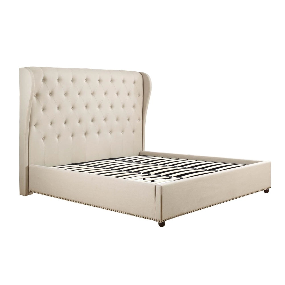 Bed Frame Queen Size in Beige Fabric Upholstered French Provincial High Bedhead Fast shipping On sale