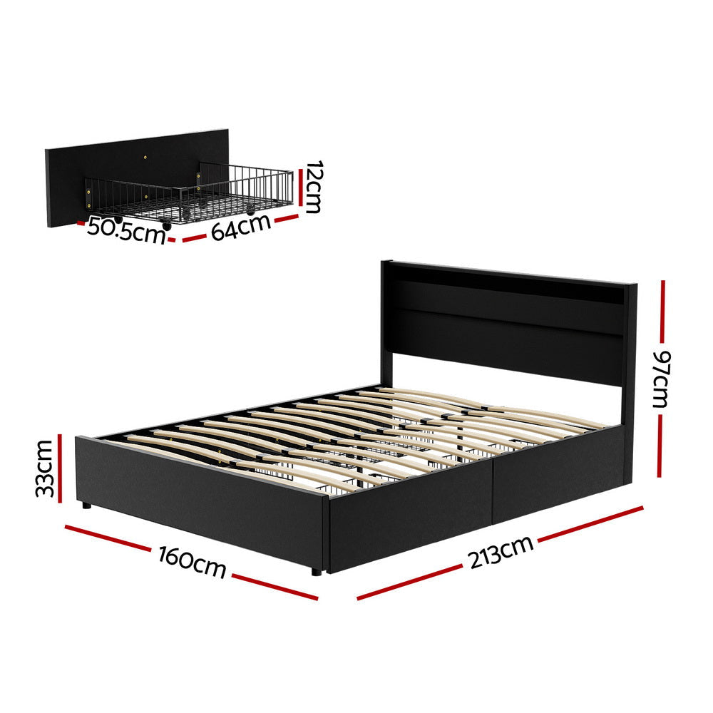 Bed Frame Queen Size LED with 4 Drawers Black DUNN Fast shipping On sale