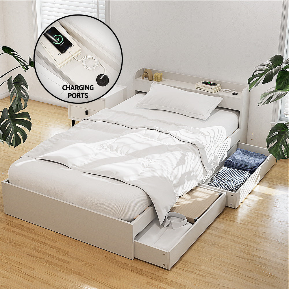 Bed Frame Single Size with Charging Ports and 2 Drawers AURA Fast shipping On sale