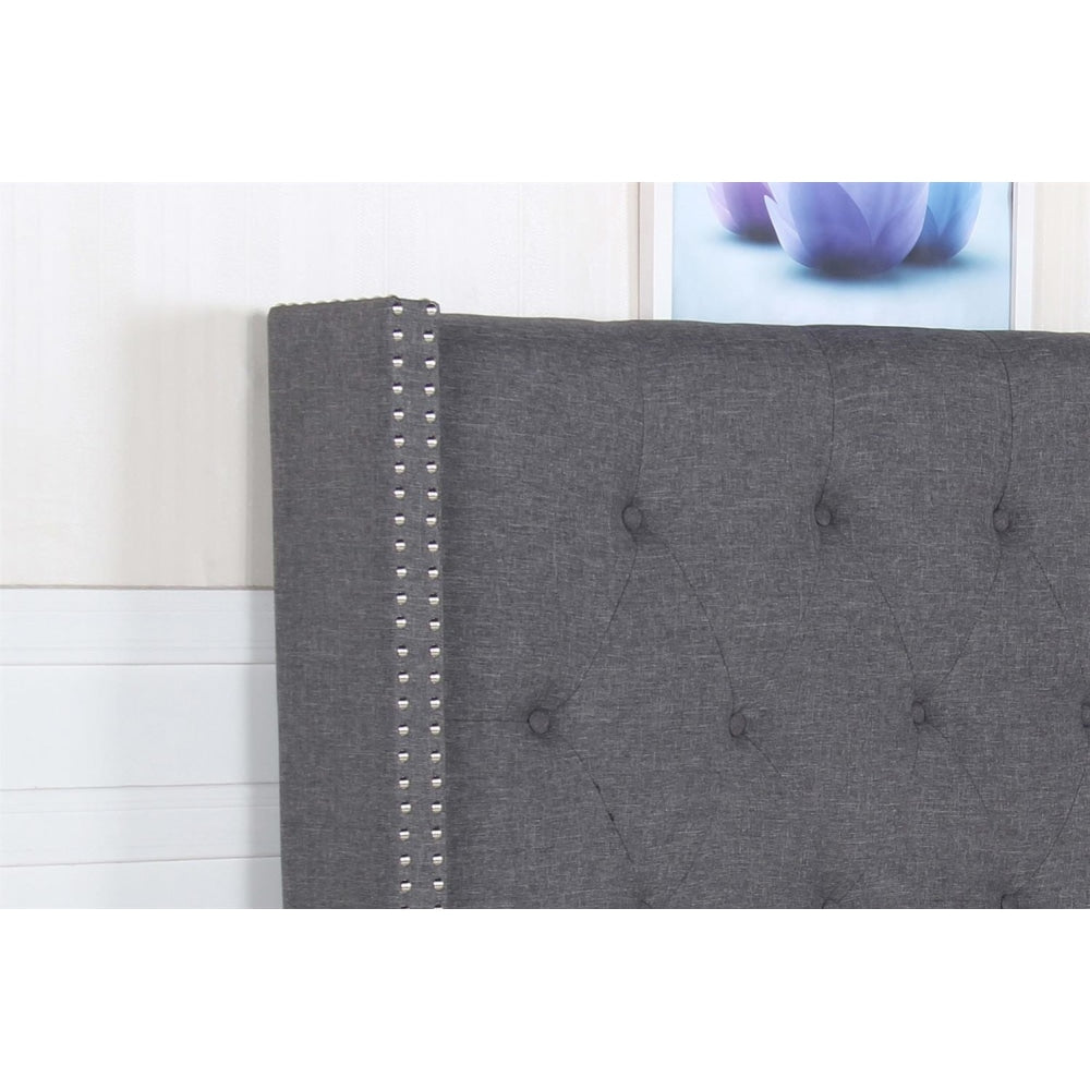 Bed Head Queen Charcoal Headboard Upholstery Fabric Studded Buttons Frame Fast shipping On sale