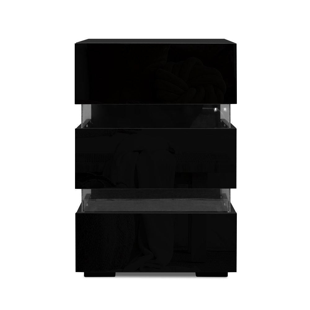 Bedside Table Side Unit RGB LED Lamp 3 Drawers Nightstand Gloss Furniture Black Fast shipping On sale