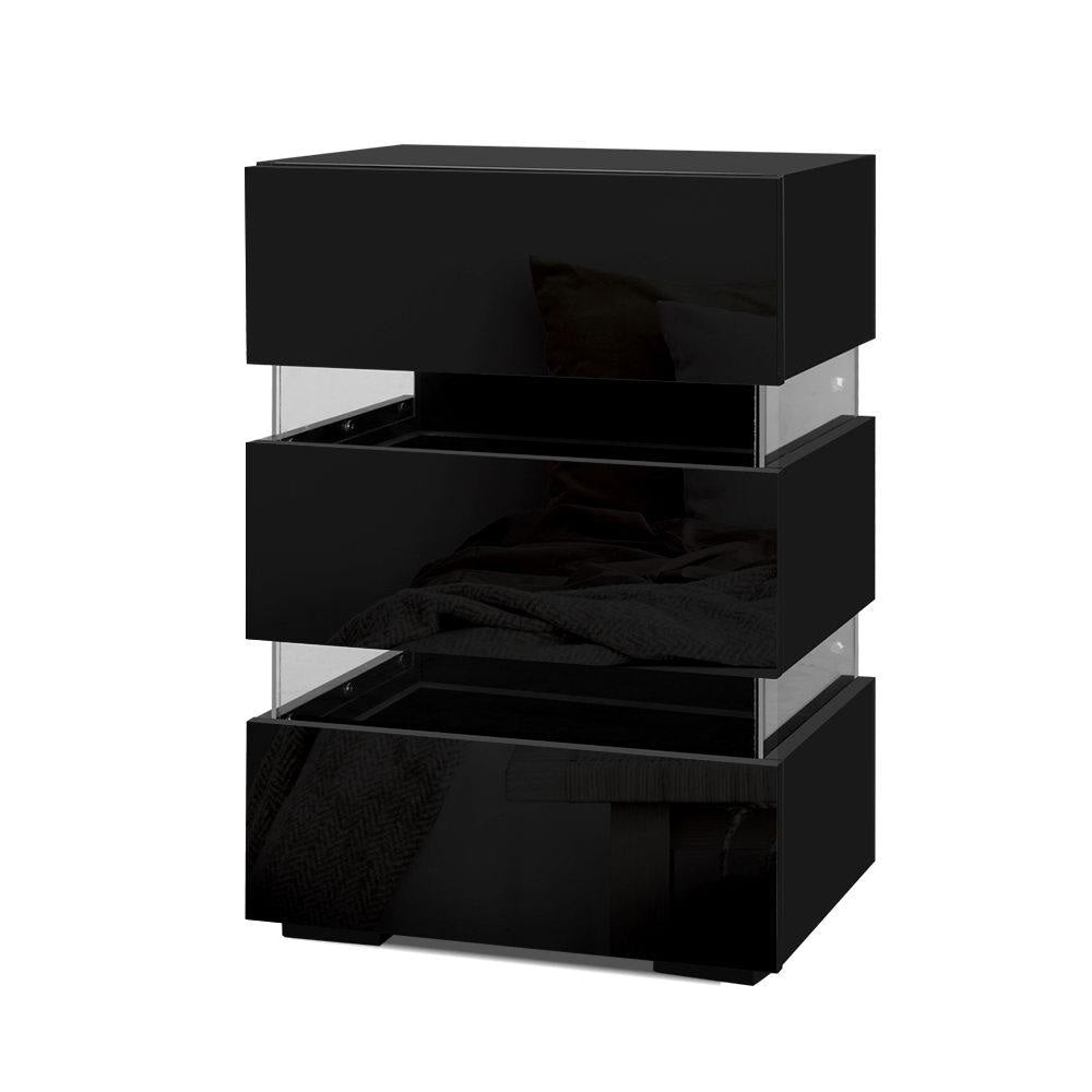 Bedside Table Side Unit RGB LED Lamp 3 Drawers Nightstand Gloss Furniture Black Fast shipping On sale