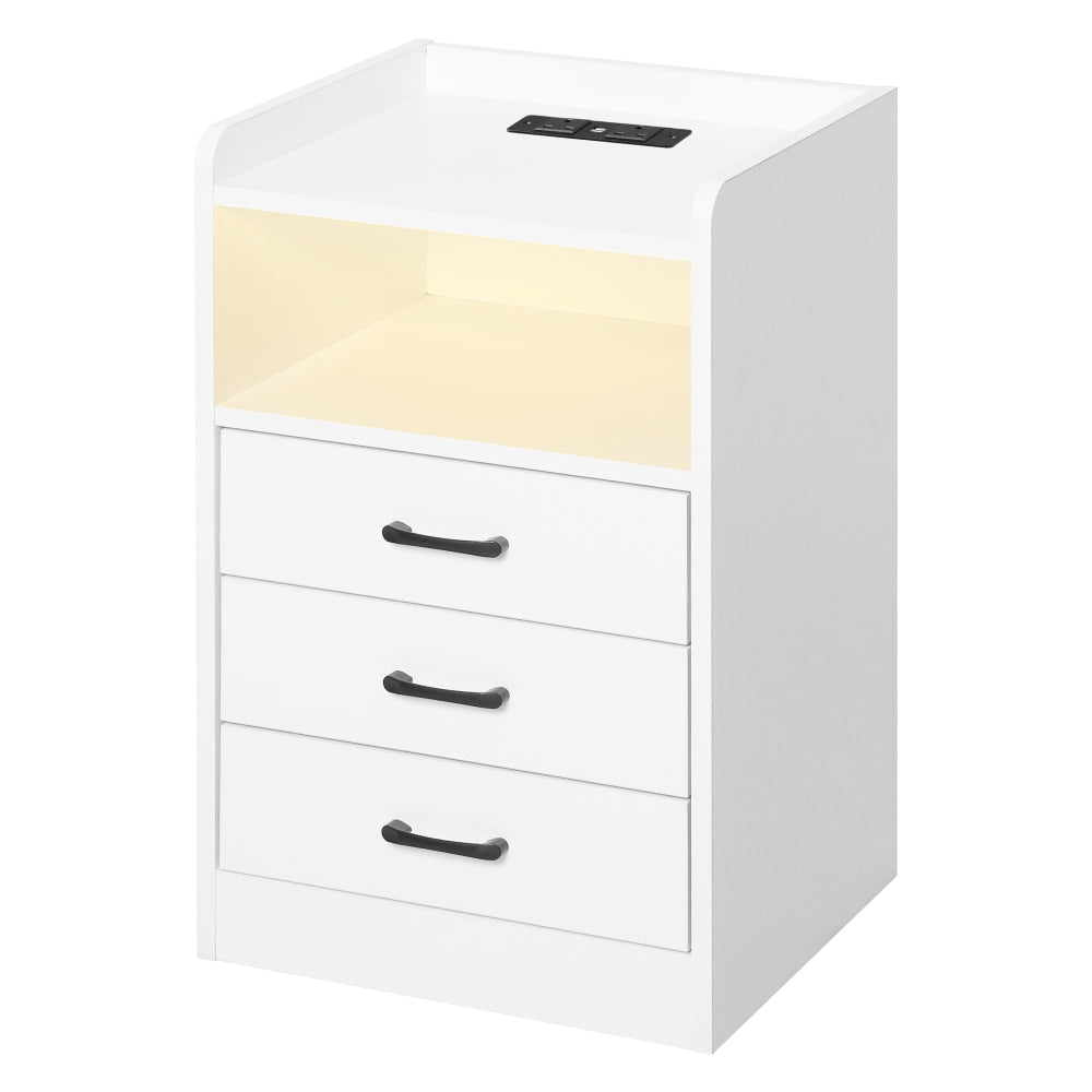 Bedside Table With USB Charging Outlets LED Lights And 3 Drawers - White Fast shipping On sale