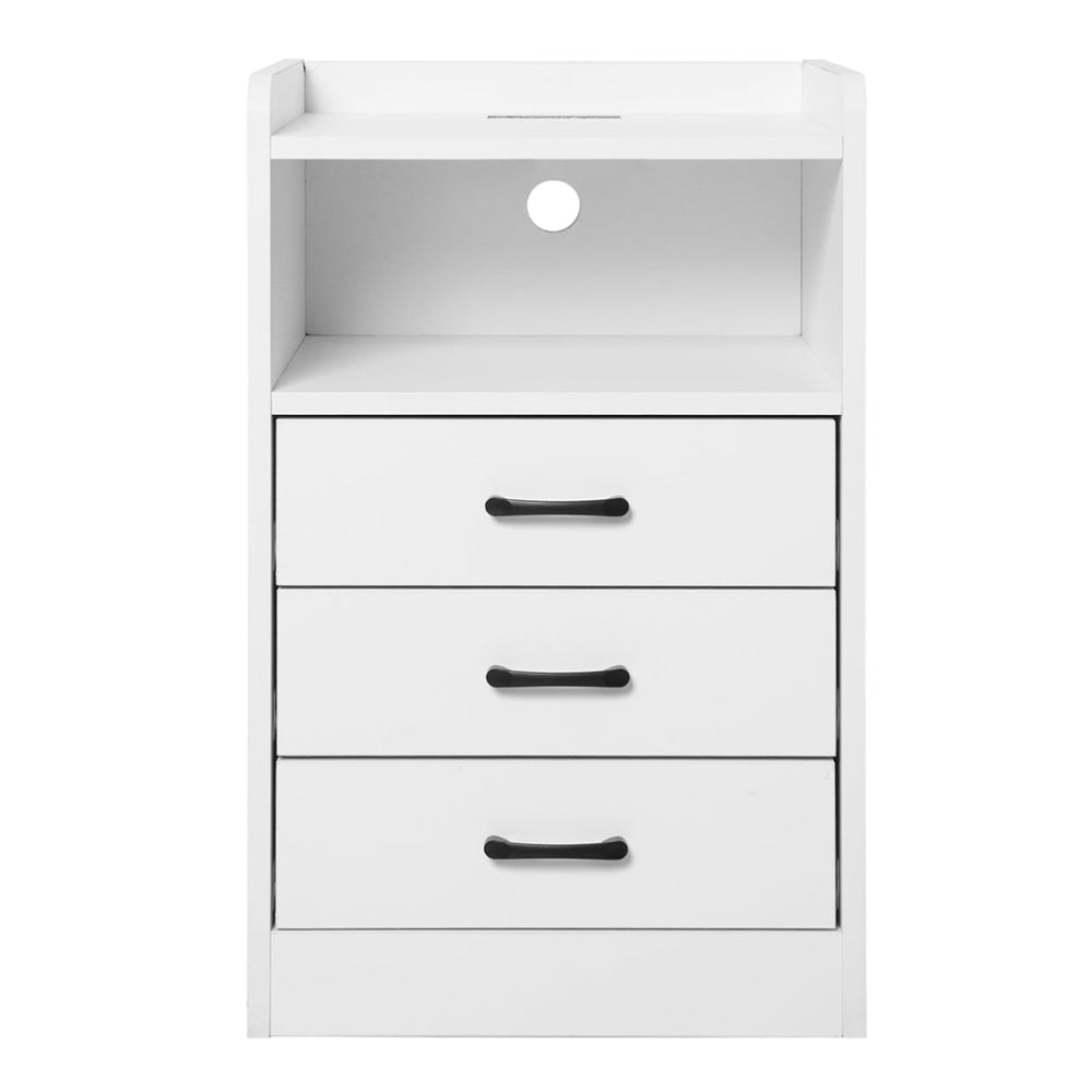 Bedside Table With USB Charging Outlets LED Lights And 3 Drawers - White Fast shipping On sale