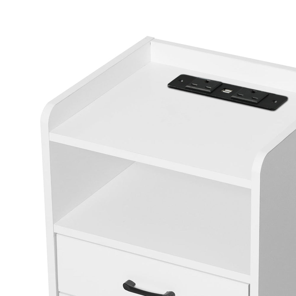 Bedside Table With USB Charging Outlets LED Lights And 3 Drawers - White Fast shipping On sale