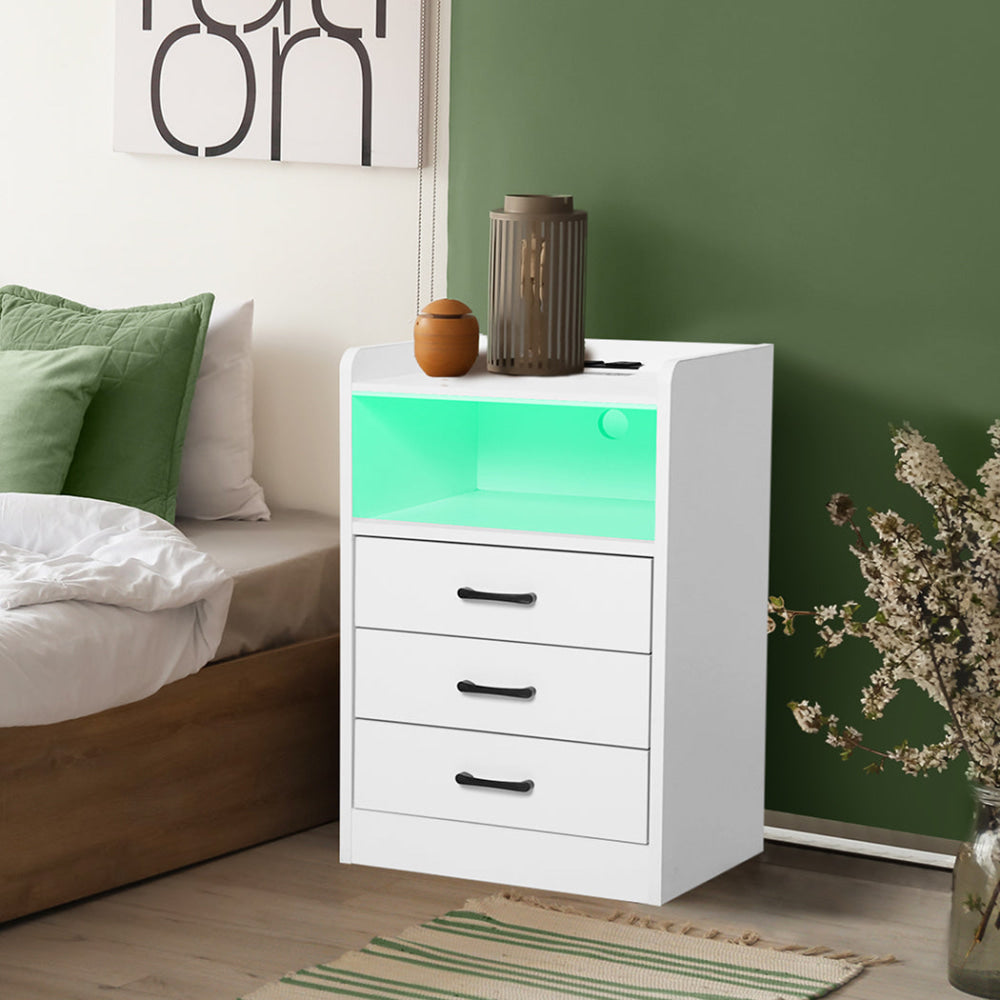 Bedside Table With USB Charging Outlets LED Lights And 3 Drawers - White Fast shipping On sale